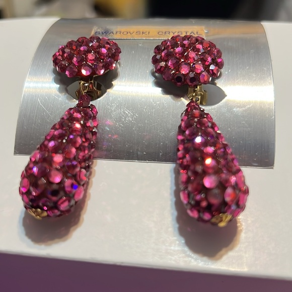 Bridal, Prom, Wedding Pave Fuchsia Swarovski Crystal Teardrop Clip-on Earrings - Picture 6 of 7